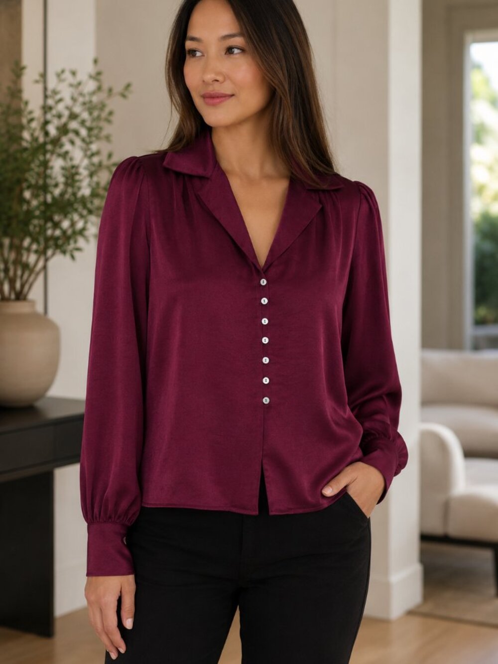 Karen Kane Wine Shirred Blouse Button Front Long Sleeve Top Size L NWT - Picture 3 of 4